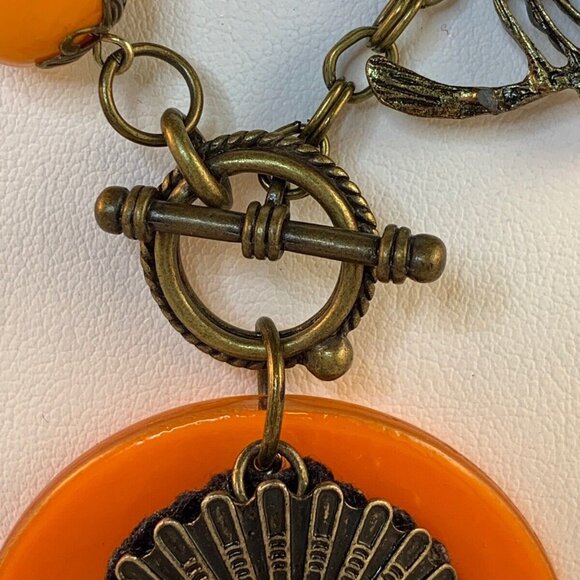 Brass Plated Necklace With Orange Glass Beads And Indian Head Pendant (NA117) - Picture 6 of 6